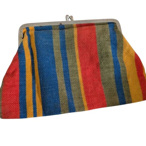 Vintage Handbags - Antique Rainbow Striped Fabric Clutch‎ Bag Metal Closure